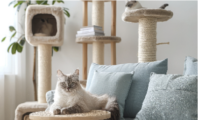 ソファーでくつろぐ猫と後ろのキャットタワーにいる猫がいます